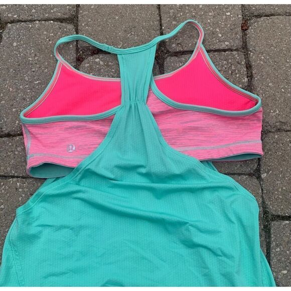 LULULEMON NO LIMITS green neon pink SPORT BRA layered TANK TOP sz 8 - Picture 5 of 7